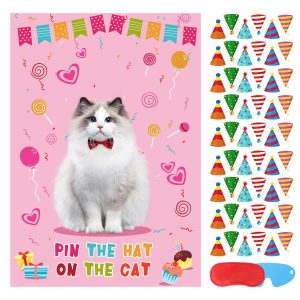 Hooqict Pin The Hat On The Cat Party Game Birthday Party Games for Kids, Cat Birthday Party Supplies Decorations for Girls Boys, Large Pin The Tail Poster with 54 Hat Stickers
