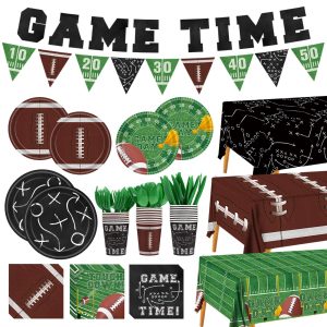 Football Party Supplies Decor Kit for 24 Guests - 3 Tablecloths, Microwave-Safe Plates, Napkins, Cups, Cutlery & GAME TIME Banner | Football Touchdown Decor for Birthday, Tailgate Party, Big Game Day