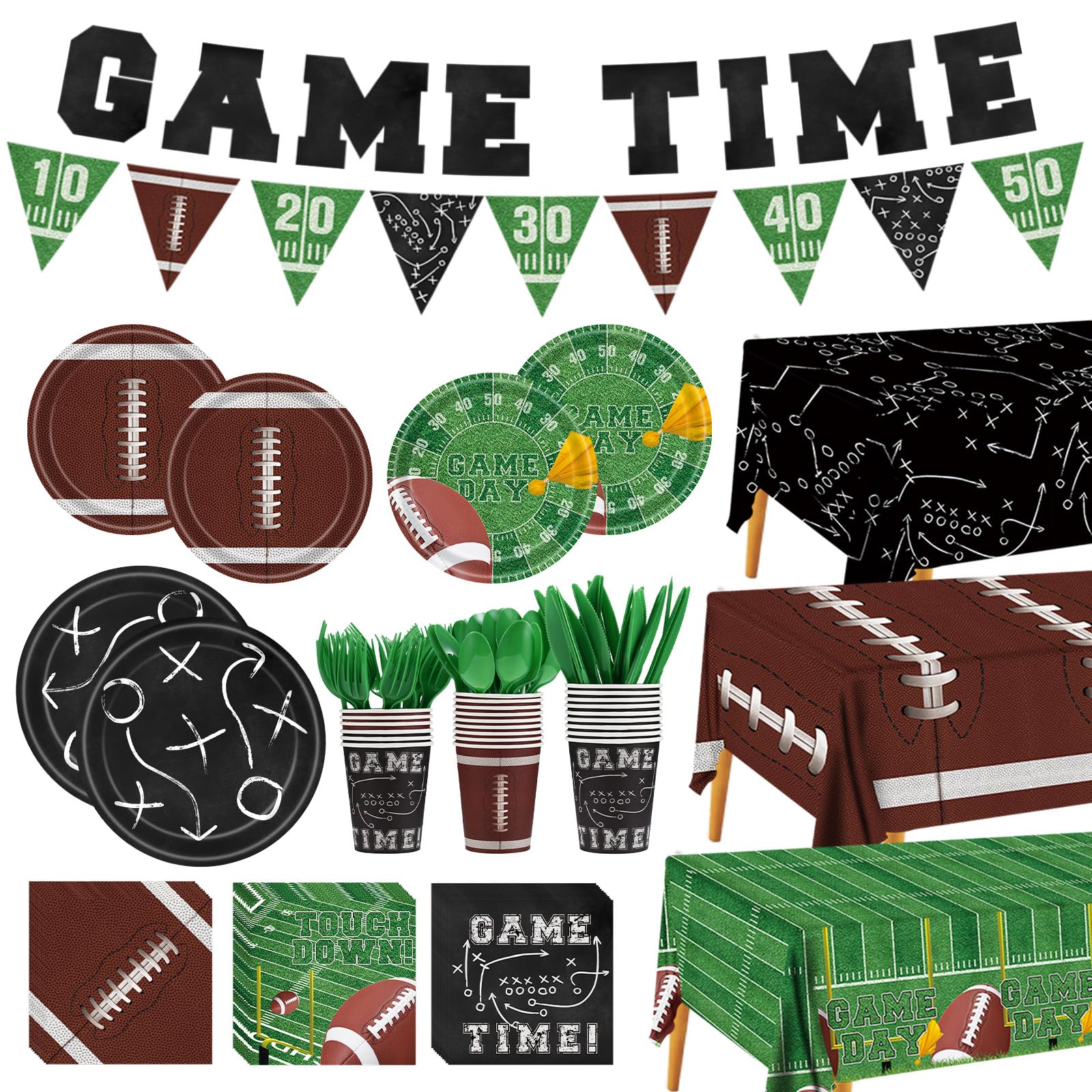 Football Party Supplies Decor Kit for 24 Guests - 3 Tablecloths, Microwave-Safe Plates, Napkins, Cups, Cutlery & GAME TIME Banner | Football Touchdown Decor for Birthday, Tailgate Party, Big Game Day