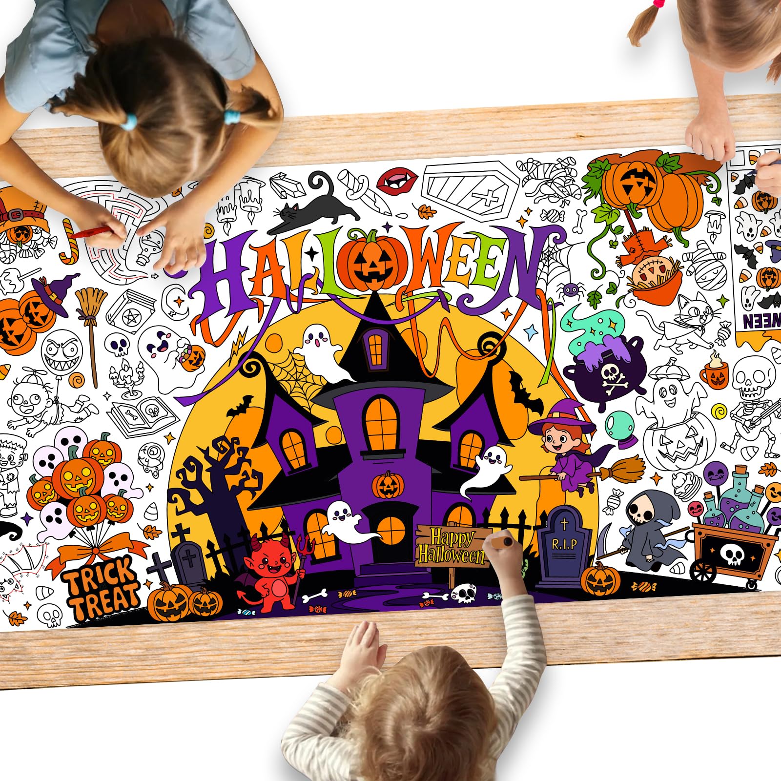 Halloween Activity Poster, 31.5 x 72 Inch Halloween Craft Paper Coloring Banner, Halloween Tablecloth for Kids, Halloween Decorations for School Party, Classroom Activities and Special Events