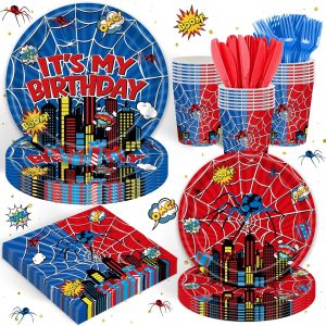 120Pcs Superhero Spider Web Party Supplies for 20 Guests, Comic Book City Skyline Happy Birthday Tableware Set, Boys Kids Red Blue Disposable Paper Plates Napkins Cups Knives Forks Kit