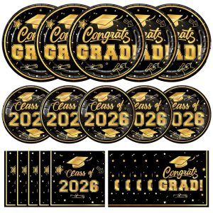 Litmitfu 150 Pcs Graduation Plates and Napkins 2026 - Black Gold Congrats Grad Class of 2026 Paper Dessert Dinner Plates Napkins Set for Graduation Party Decorations Supplies Table Decor, Serves 50