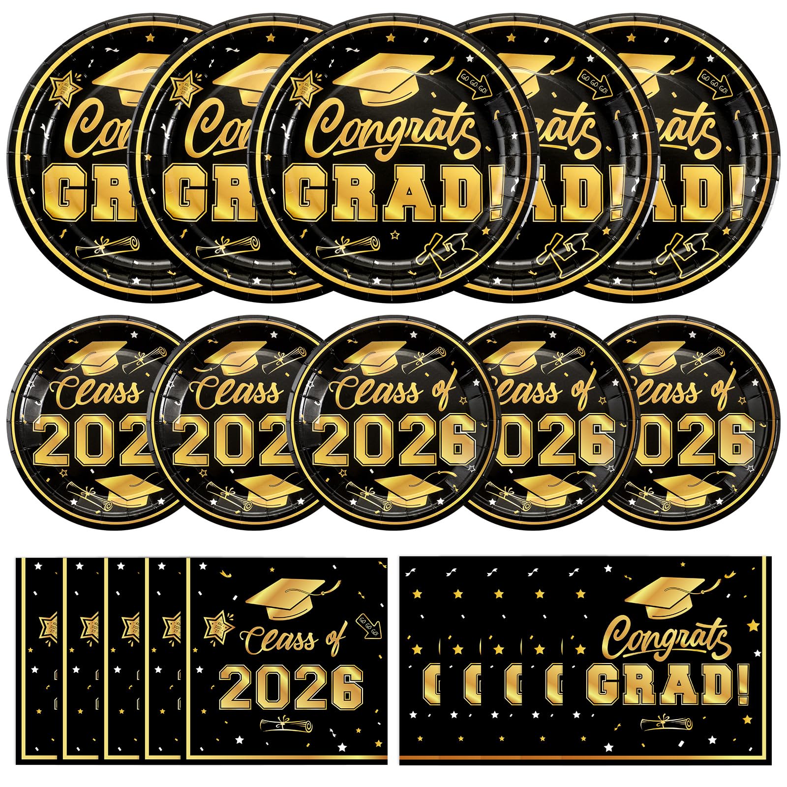 Litmitfu 150 Pcs Graduation Plates and Napkins 2026 - Black Gold Congrats Grad Class of 2026 Paper Dessert Dinner Plates Napkins Set for Graduation Party Decorations Supplies Table Decor, Serves 50