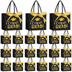 Jetec 45 Pack 2026 Graduation Gift Bags Bulk Small Congrats Bags with Handle and Bow Ribbon 5.5 x 4.7 x 2.5 Inch Grad Paper Treat Gifts Party Favor Supplies for College High School(Black Gold)