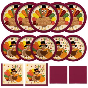 Turkey Thanksgiving Party Supplies Kit, Autumn Disposable Dinnerware Includes, Paper Dinner Plates, Dessert Plates, Luncheon Napkins and Beverage Napkins, for Fall party Decorations, Serve 50