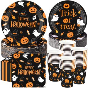 250 Pcs Halloween Party Supplies, Paper Plates Napkins and Cups, Black