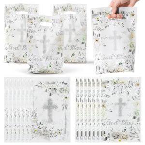 ANGOLIO 50Pcs First Communion Party Favor Bags - Silver White Cross Floral Design Treat Bags with Handles for Candy, Baptism & Religious Celebrations