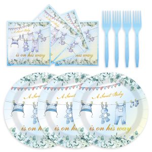 75PCS Greenery Baby Shower Plates and Napkins Decorations Party Favors, 7Inch A Sweet Baby Is on His Way Baby Boy Shower Paper Plates Disposable Dessert Tableware Party Supplies