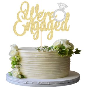 Gyufise 1Pc Gold We're Engaged Cake Topper with Ring Glitter Bridal Shower Cake Pick Decorations for Wedding Engagement Theme Party Cake Decorations