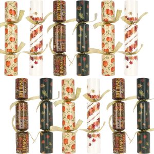 JOYIN 12 Pack Thanksgiving Party Table Favor No Snap No Popping with Party Hat, Joke & Gift Inside, Thanksgiving Holiday Traditions, Random gifts with Autumn Leaves, Pumpkin, Lettering Designs