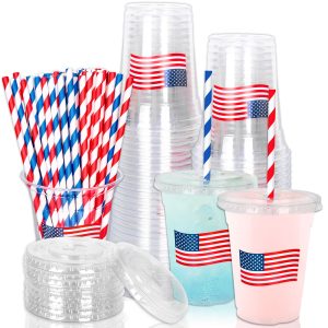 Whaline 50Pcs 12Oz Patriotic Disposable Plastic Cups with Lids and Straws 4th of July American Flag Cold Beverage Drinking Cups for 250th Anniversary Independence Day Party Supplies