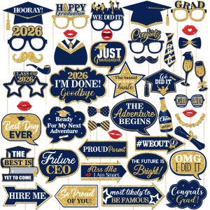 46Pcs Blue Gold Graduation Photo Booth Props 2026 Graduation Decorations with Sticks Class of 2026 Grad Party Favors Supplies for High School & College