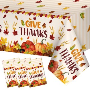 3 Pcs Thanksgiving Tablecloth Disposable - Give Thanks Tablecloths, Maple Leaves Pumpkin Fall Table Cloth Plastic Rectangle Table Cover for Thanksgiving Party Decorations Supplies Favors, 54x108 Inch