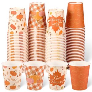100 Pcs Fall Disposable Paper Cups, Autumn Pumpkin Maple Leave Drinking Cup