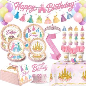 Princess Birthday Party Decorations – 199 PCS Princess Party Supplies for 24 Guests, Includes Plates, Cups, Napkins, Tablecloth, Castle Banner, Balloons, Cupcake Toppers, Tiara & Sash