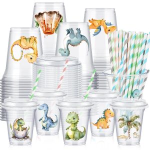 Boao 36 Sets Dinosaur Party Cups with Lids and Paper Straws