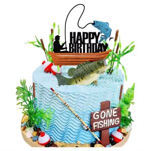 Fishing Cake Topper, Gone Fishing Cake Topper With Bass Reed For Fisherman Themed Decoration And Retirement Party Supplies
