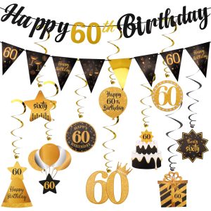 TIHEBAX Black & Gold 60th Birthday Decoration Kit - Happy 60th Birthday Decorations for Women & Men with 10PCS Hanging Swirls