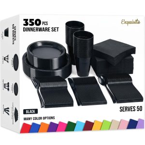 Exquisite 350 Pcs Black Plates and Napkins Party Supplies Plate Sets | Sturdy Plastic Dinnerware Set With 9" & 7"…