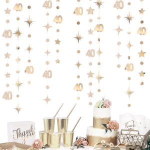 Champagne Gold 40th Birthday Decorations Number 40 Circle Dot Twinkle Star Garland Streamer Banner Backdrop for Women Mens Cheers to 40 Years Old Birthday Happy 40th Anniversary Party Supplies