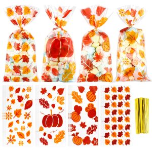 Fall Thanksgiving Treat Bags,100Pcs Thanksgiving Fall Cellophane Treat Bags, Plastic Falls Autumn Maple Leaf Pumpkin Candy Cookies Goodie Gift Bags with Twist Ties for Thanksgivings Falls Party Favors