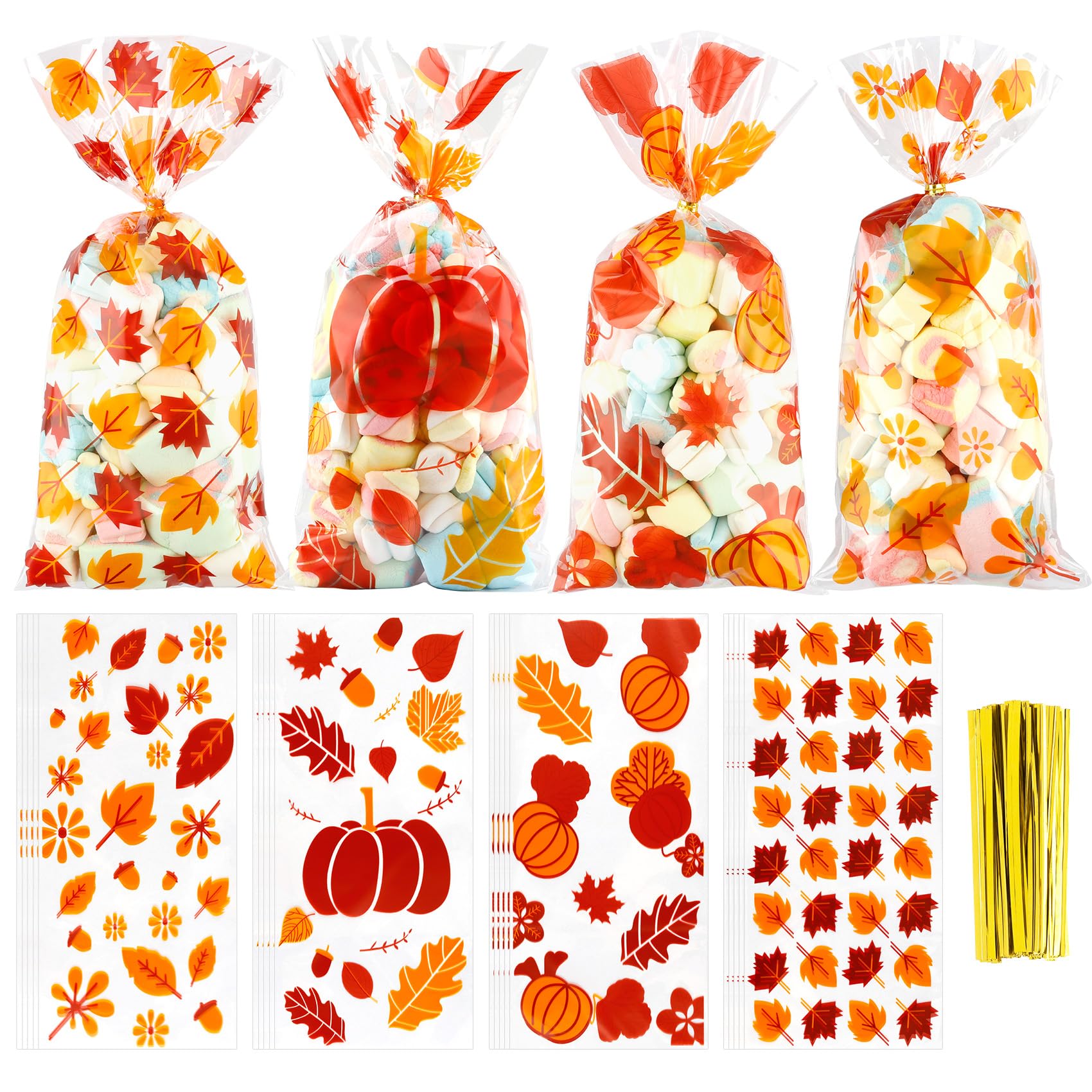 Fall Thanksgiving Treat Bags,100Pcs Thanksgiving Fall Cellophane Treat Bags, Plastic Falls Autumn Maple Leaf Pumpkin Candy Cookies Goodie Gift Bags with Twist Ties for Thanksgivings Falls Party Favors