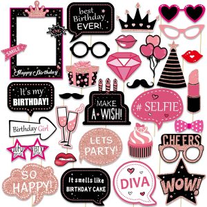 30 Pcs Hot Pink Birthday Photo Booth Props Kit for Girls, Happy Birthday Party Favors Supplies with Mini Frame Bday Party Decoration Set for Women Rose Gold Selfie Paper Party Supplies
