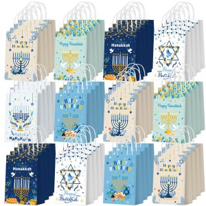Zhanmai 48 Pcs Happy Hanukkah Party Favor Gifts Goodies Bags with Handles Blue Candlestick Paper Chanukah Candy Treat Bags for Birthday Hanukkah Party Supplies Festival Gifts Wrapping Decoration