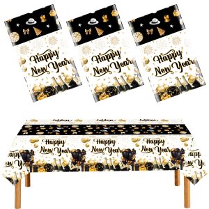 EUVBOKW 3 Pack New Years Tablecloths,Happy New Year Decorations,Black and Gold Disposable Plastic Waterproof Table Covers for 2026 New Years Eve Party Supplies,54 x 108 Inch