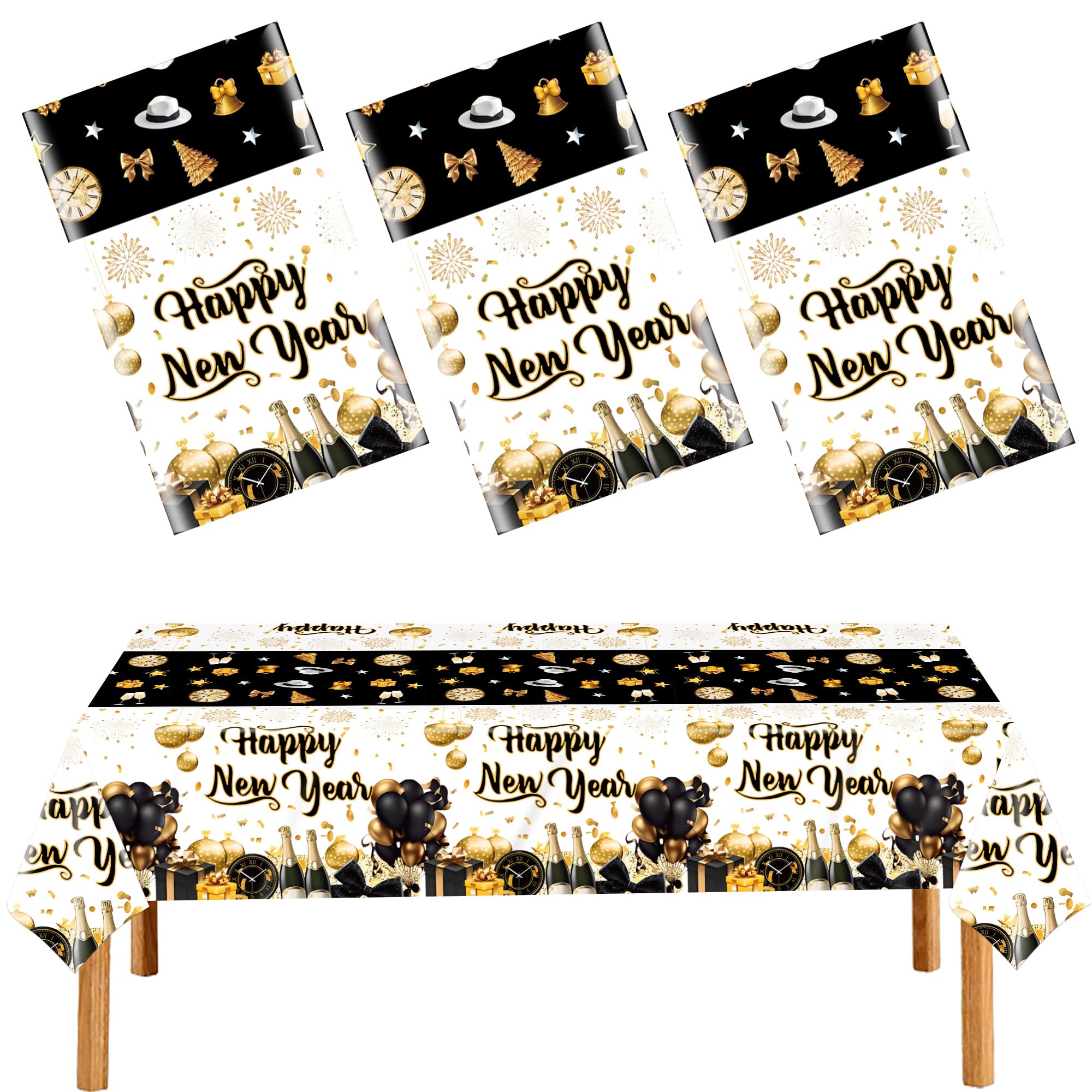 EUVBOKW 3 Pack New Years Tablecloths,Happy New Year Decorations,Black and Gold Disposable Plastic Waterproof Table Covers for 2026 New Years Eve Party Supplies,54 x 108 Inch