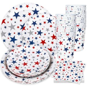 Whaline 96Pcs Patriotic Party Tableware Set, Red Blue Silver Stars