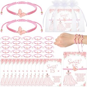 Wenqik 50 Sets Quinceanera Party Favors for Guests Butterfly Wish Bracelets with Thank You Cards Organza Bags Sweet 15 Quinceanera Gift Birthday Supplies Recuerdos Para 15 años Quinceañeras(50 Sets)