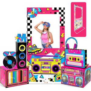 9Pcs 80s 90s Party Decorations Supplies 80s Photo Booth Props Backdrop Kit with Retro Radio Boombox Boxes Vintage 90s Photo Backdrop Hip Hop Music Theme Accessories for Boys Girls Birthday Decor