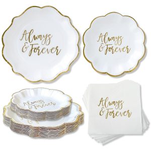 Kate Aspen Always & Forever Wedding Paper Plates and Napkins Set - 72 Piece Wedding Plates Disposable Party Tableware for 24 Guests - Bridal Shower Decorations, Engagement Party Decor