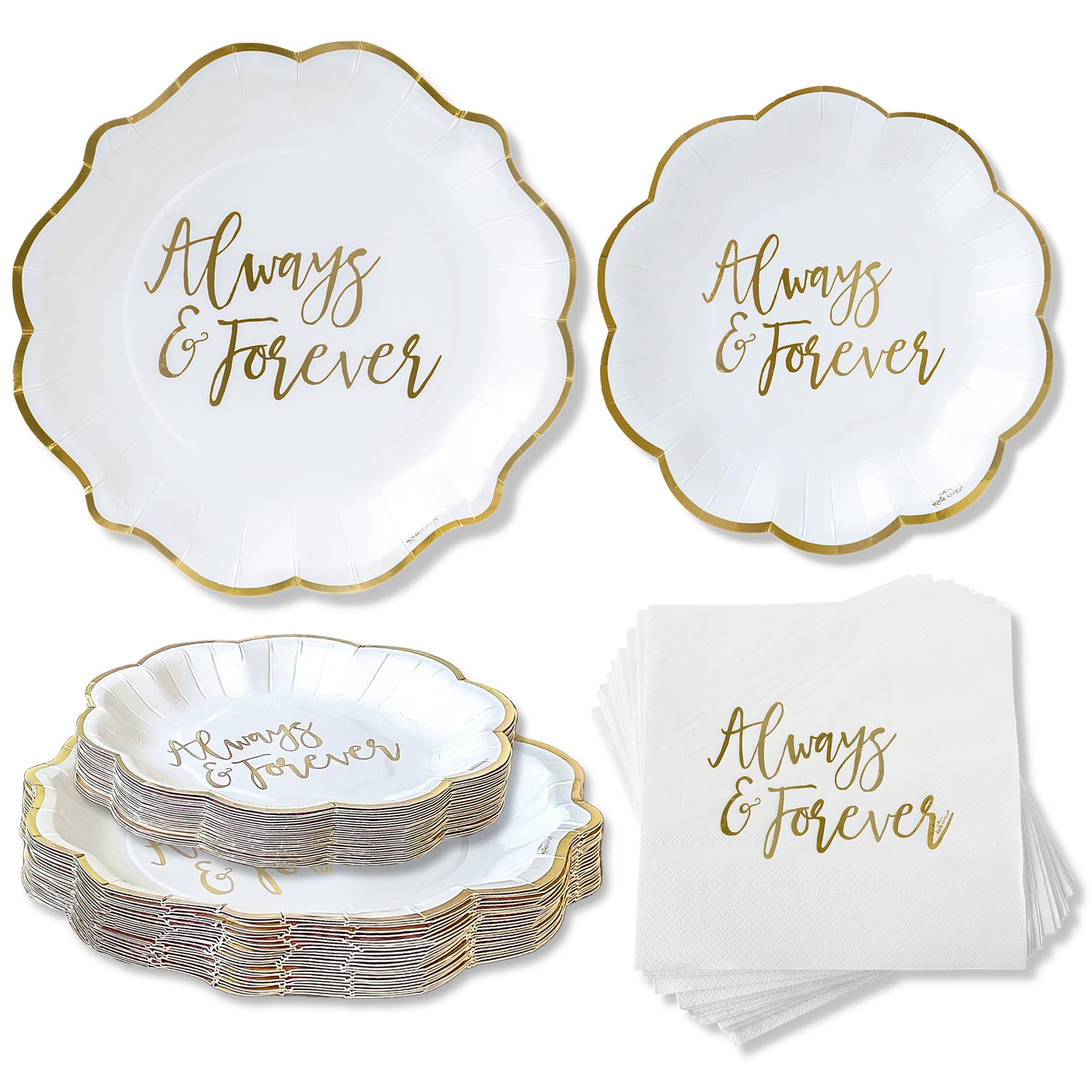 Kate Aspen Always & Forever Wedding Paper Plates and Napkins Set - 72 Piece Wedding Plates Disposable Party Tableware for 24 Guests - Bridal Shower Decorations, Engagement Party Decor