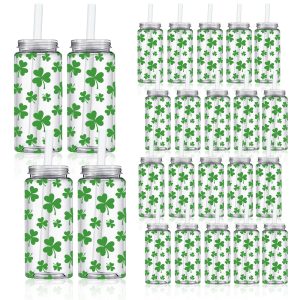Whaline 20 Pcs St. Patrick's Day Plastic Cups with Lids and Straws Clear Shamrock Party Drinking Cups Reusable Clover Tumblers for Irish Holiday Bridal Shower Birthday Party Supplies