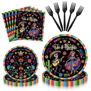 100 Pieces Día de Muertos Party Tableware Set – Disposable Sugar Skull Plates, Napkins and Black Forks for Day of the Dead Party, Mexican Fiesta, Halloween Celebration– Serves 25 Guests