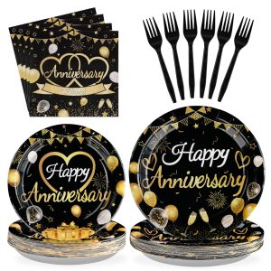 Greencian 96 Pcs Black and Gold Anniversary Party Decorations,Serves 24