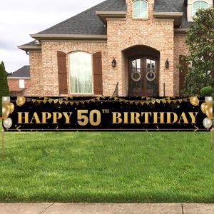 Large Happy 50th Birthday Decoration Banner, Black and Gold Happy 50th Birthday Banner Sign, 50th Birthday Party…