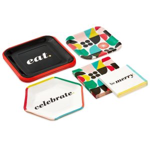 Hallmark Bold Black, White and Red Party Supplies (16 Dinner Plates, 8 Square Dessert Plates, 8 Hexagonal Dessert Plates, 16 Dinner Napkins, 16 Beverage Napkins) "Eat, Celebrate, Be Merry"