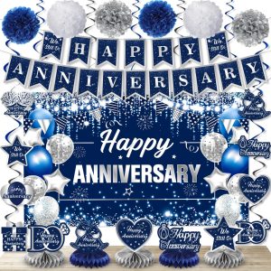 Happy Anniversary Decorations Kit Blue Silver Happy Anniversary Banner Honeycomb Centerpieces Hanging Swirls Tissue Paper Pompoms Set for Men Women Couple Wedding Anniversary Party Supplies Decor