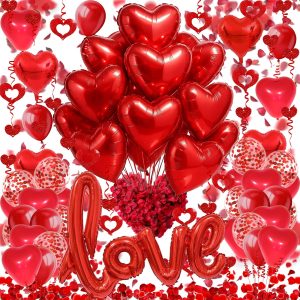 Fecedy Love and Heart-Shaped Aluminum Foil Balloon,Heart-Shaped and Round Latex balloons,Confetti Balloon,Fake Petals,Hanging Streamers for Valentines Bridal Shower Anniversary Engagement Decorations