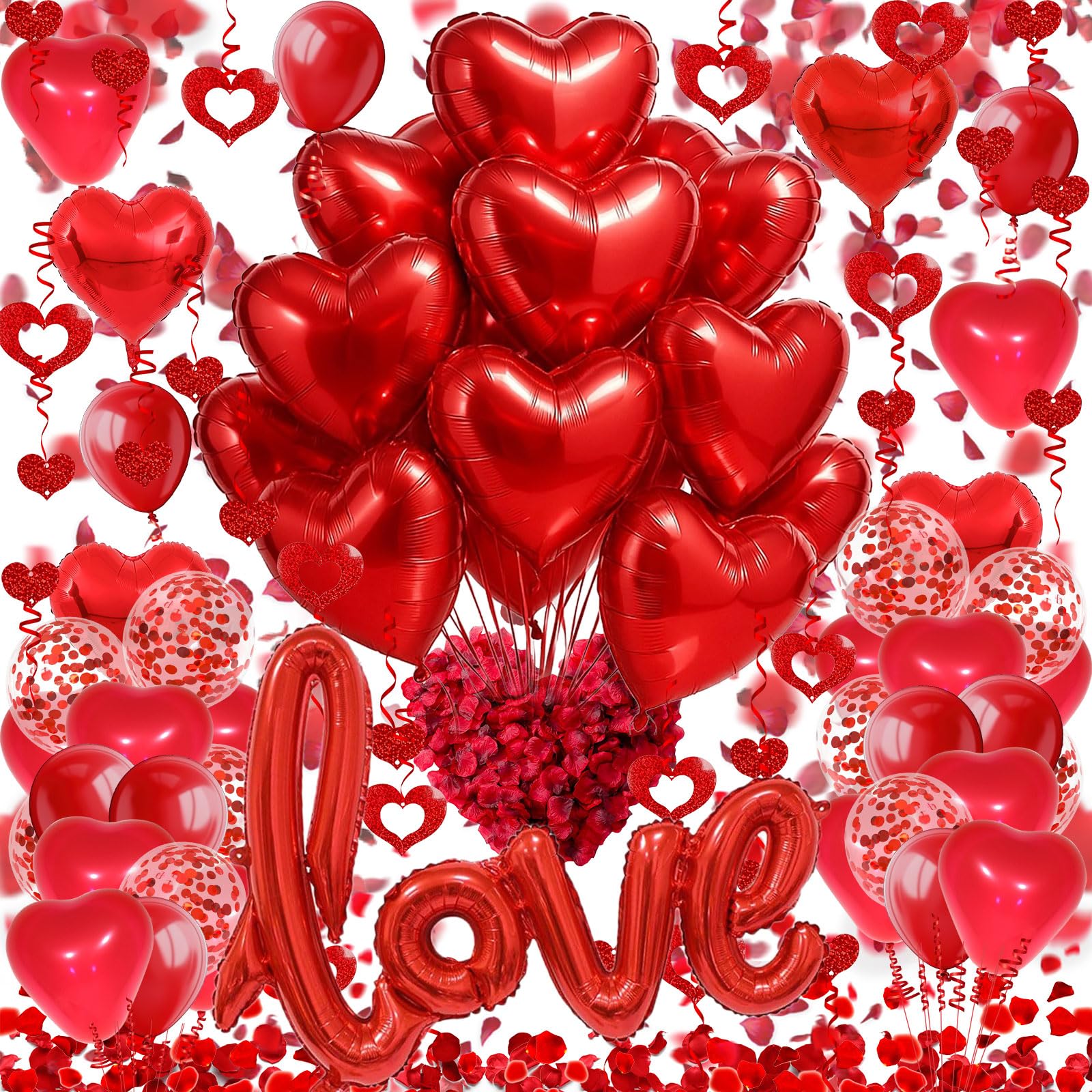 Fecedy Love and Heart-Shaped Aluminum Foil Balloon,Heart-Shaped and Round Latex balloons,Confetti Balloon,Fake Petals,Hanging Streamers for Valentines Bridal Shower Anniversary Engagement Decorations