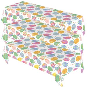 BeadRiver 3 Pack Easter Tablecloth - Colorful Easter Eggs Table Cloth, Disposable Plastic Rectangle Table Cover for Easter Party Decorations, Spring Table Decor, Home Kitchen Dining Party Supplies