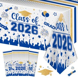 Graduation Decorations Class of 2026 Tablecloth - 3 Pcs Plastic Congrats Grad Table Cloth, Graduation Table Cover for Graduations Party Decorations 2026 and Party Supplies, 54"x108" (Blue and Gold)