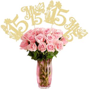 Ephlyn 12Pcs Happy 15th Birthday Centerpiece Sticks Hello 15 Sweet 15 Table Flower Centerpieces Sticks Fifteen Mis 15 Quince Floral Decorations for Cheers to 15 Theme Anniversary Party Supplies Gold