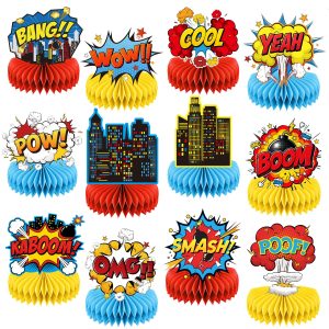12Pcs Superhero Party Decorations, Superhero Honeycomb Centerpieces for Table, 3D Avengers Spiderman Birthday Party Supplies for Boys, Comic Action Sign Table Toppers Decor