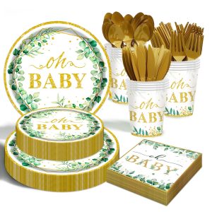Sage Greenery Baby Shower Plates and Napkins Tableware Set - 175pcs Gender Neutral Baby Shower Decorations Oh Baby Party Supplies, Disposable Paper Plates Napkins for Baby Girl Boy Shower Decorations