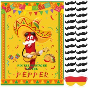 Faccito Mexican Fiesta Party Games Pin Tail Game Poster with 24 Stickers Blindfold for Cinco De Mayo Birthday Party Supplies(Pepper)