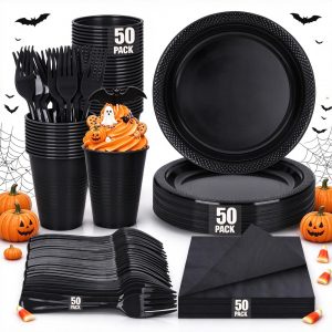 200pcs Black Plastic Party Plates Set, Disposable Black Plates and Napkins for Party, 50 of Each 9" Dinner Plate, Napkins, Cups & Cutlery Plastic Dinnerware for Halloween, Retirement, Birthday, BBQ